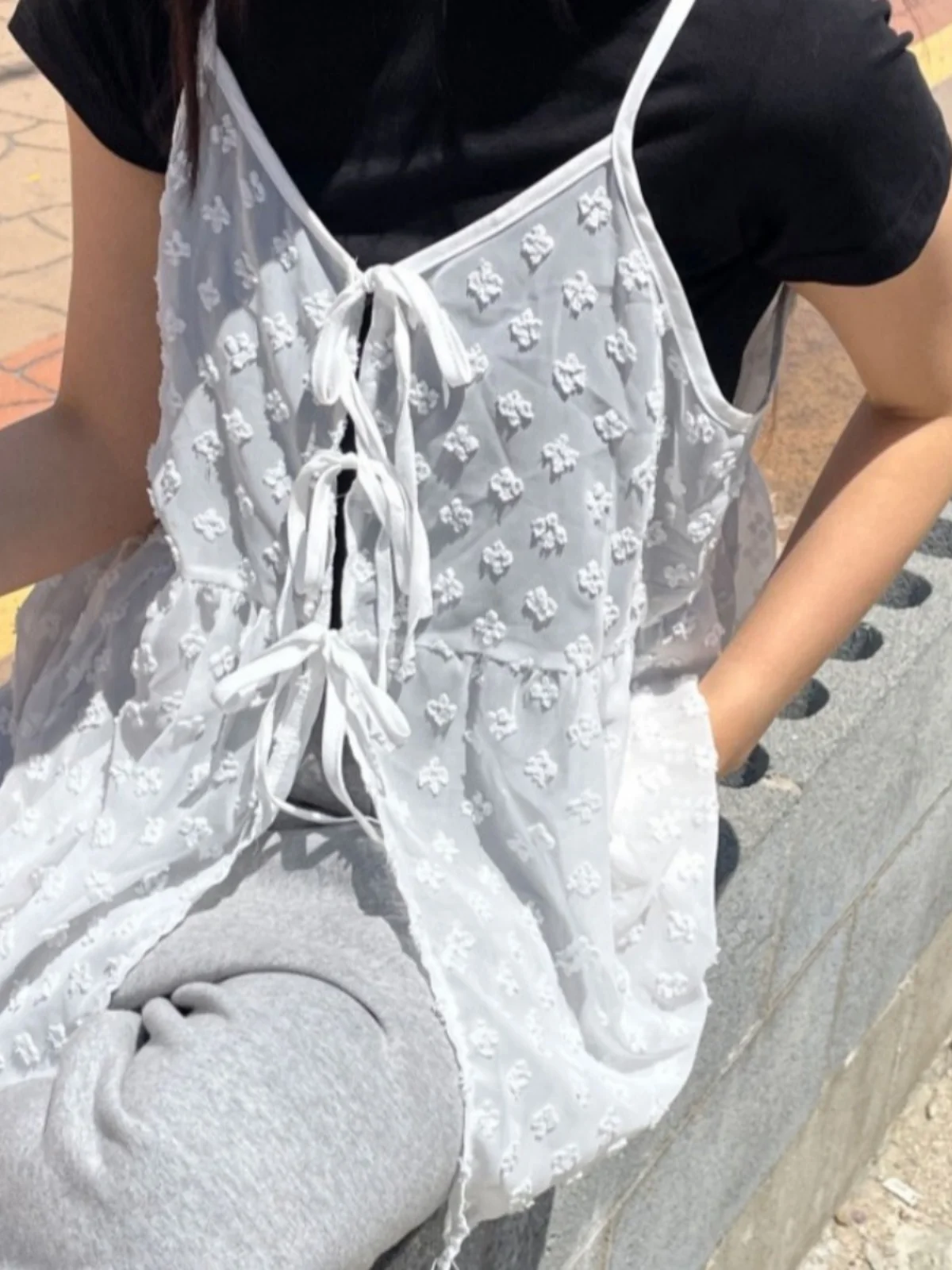 

Chic Summer Pure Color Floral Print Layered Tulle Strap Women's Top Faionable Commute Sle Cotton Blend Belted Design