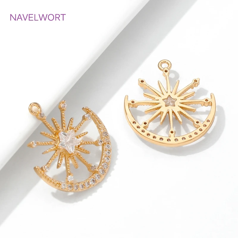 1/2/3Pcs 18K Gold Plate Brass Sun Moon Star Charm Pendant,Pave Zircon Charms For Earring Making,DIY Jewelry Making Accessories