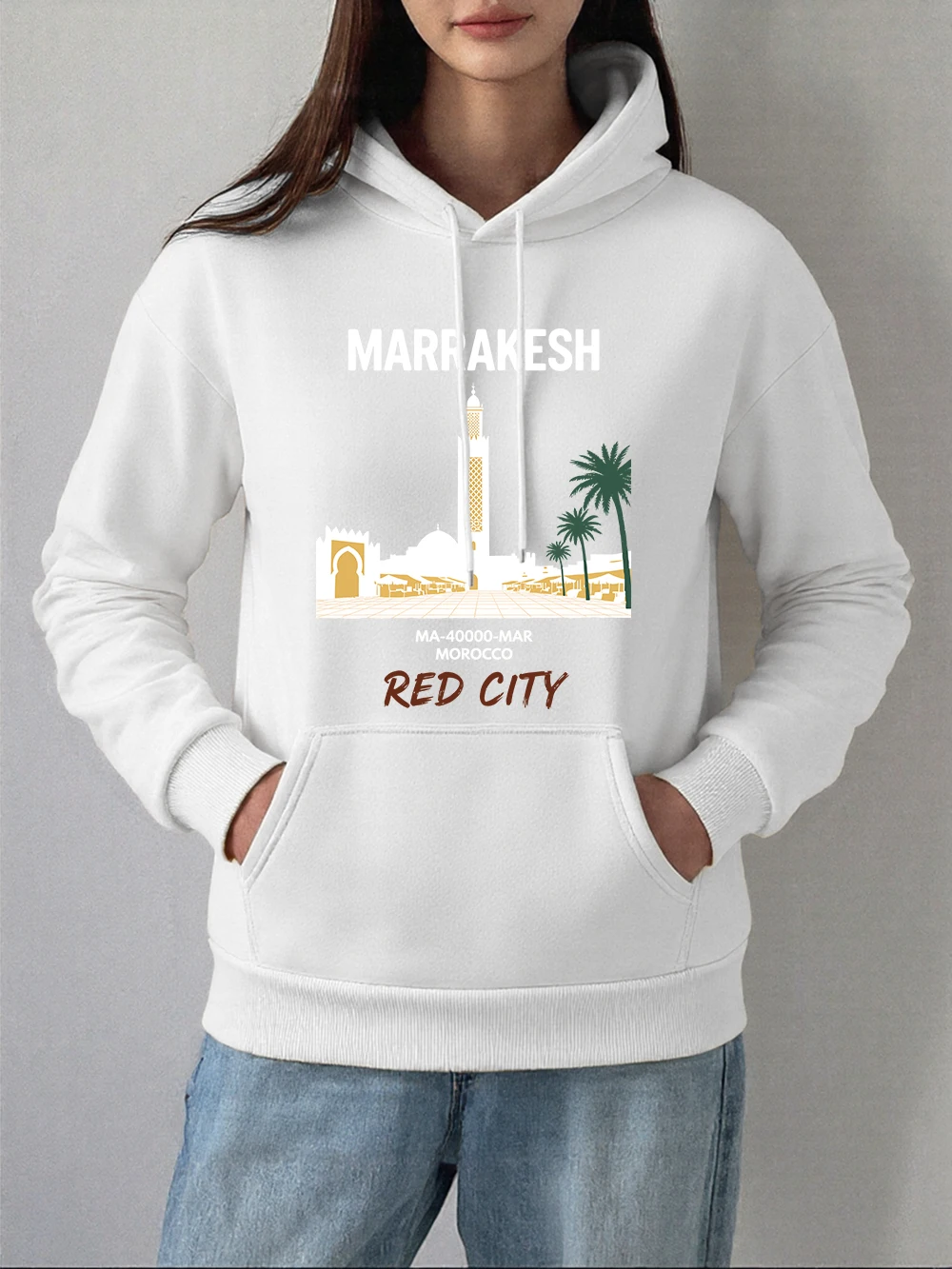 Felpa con cappuccio con stampa di lettere Red City Marrakesh Felpa calda in pile invernale da donna Nozioni di base Pullover tascabile Abiti casual da donna larghi