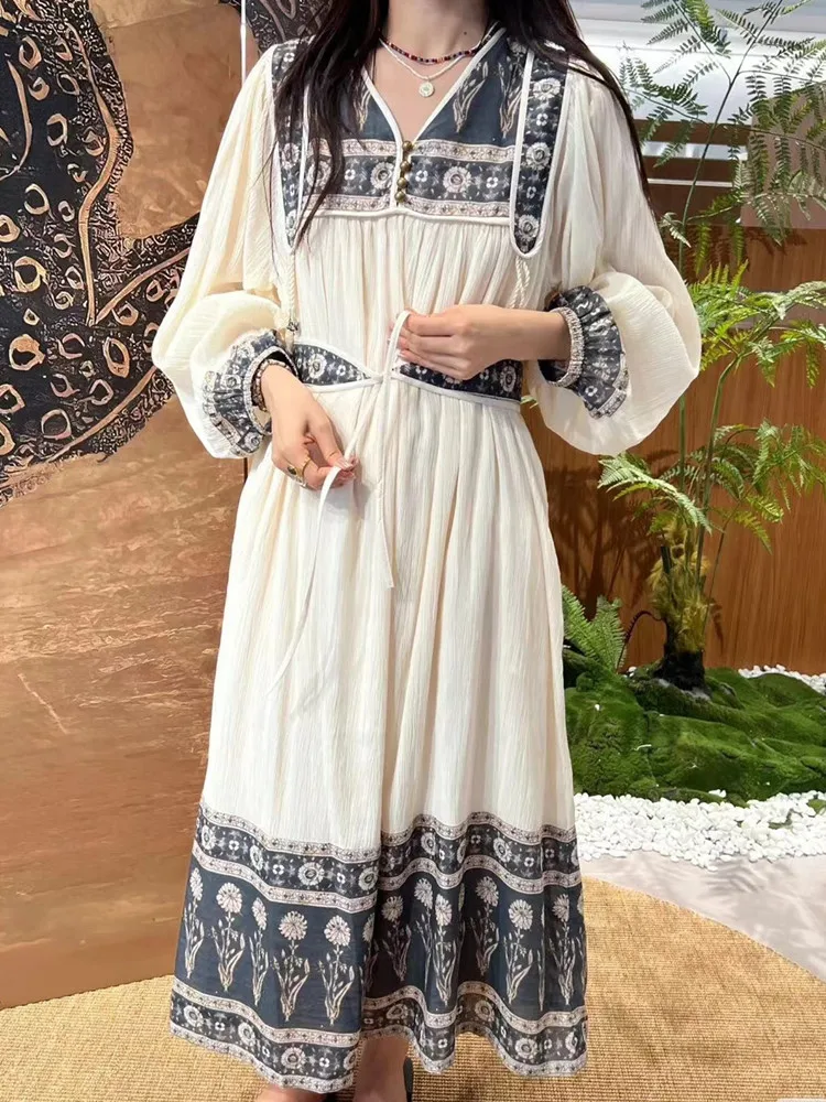 

Vintage Printed Women V-Neck Midi Dress Long Puff Sleeve Lady Robe with Sashe 2024 Autumn