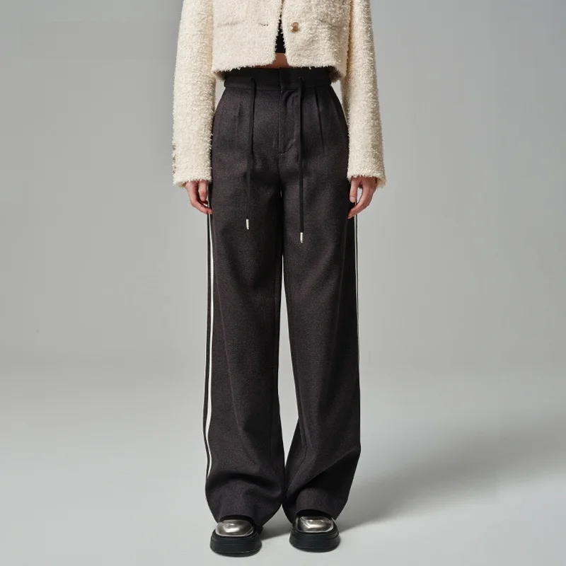 

XMOOM Winter New Side Stripe High Waist Straight Leg Sport Pants Asymmetrical Design Casual Trousers for Women