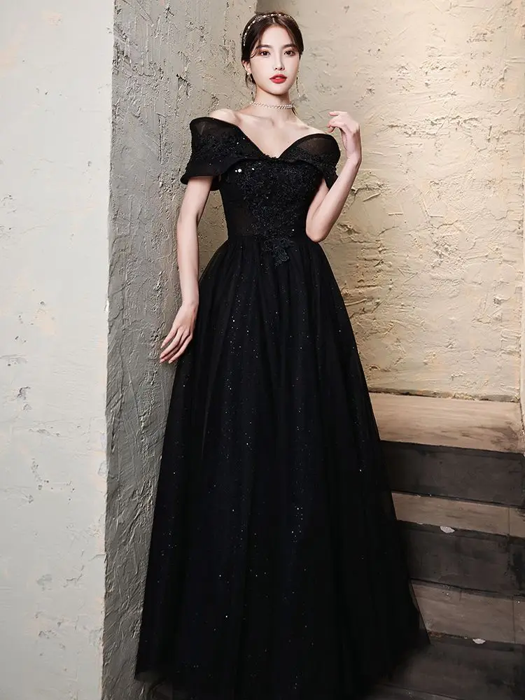 Black Evening Dress High-end Banquet Skirt Light Luxury Suit Student Ceremony Dress Black Dress New Host Sexy Strapless Dress