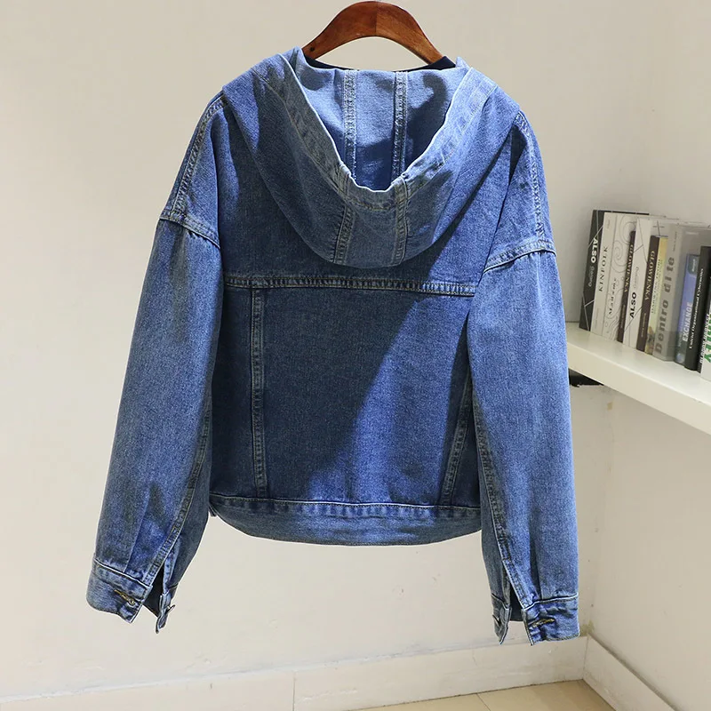 Herfst Vintage Blauwe Denim Jasje Vrouwen Capuchon Grote Zak Cowboy Bovenkleding Koreaanse Losse Korte Student Jeans Jas Vrouwelijke