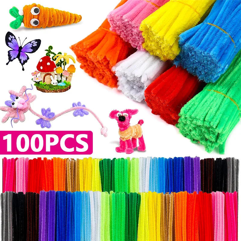 

100PCS Colorful Chenille DIY Handcraft Stem Twisted Rod Wool Root Fluffy Bar Iron Wire Twisting Decorations Pipe Cleaners Plush