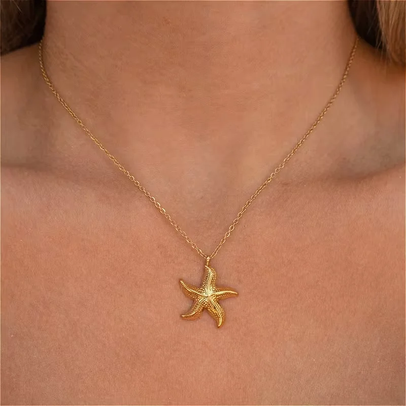 Stainless Steel Fashion Textured Starfish Pendant Necklace Colorfast and Waterproof Perfect for Beach Vacation Jewelry for Women