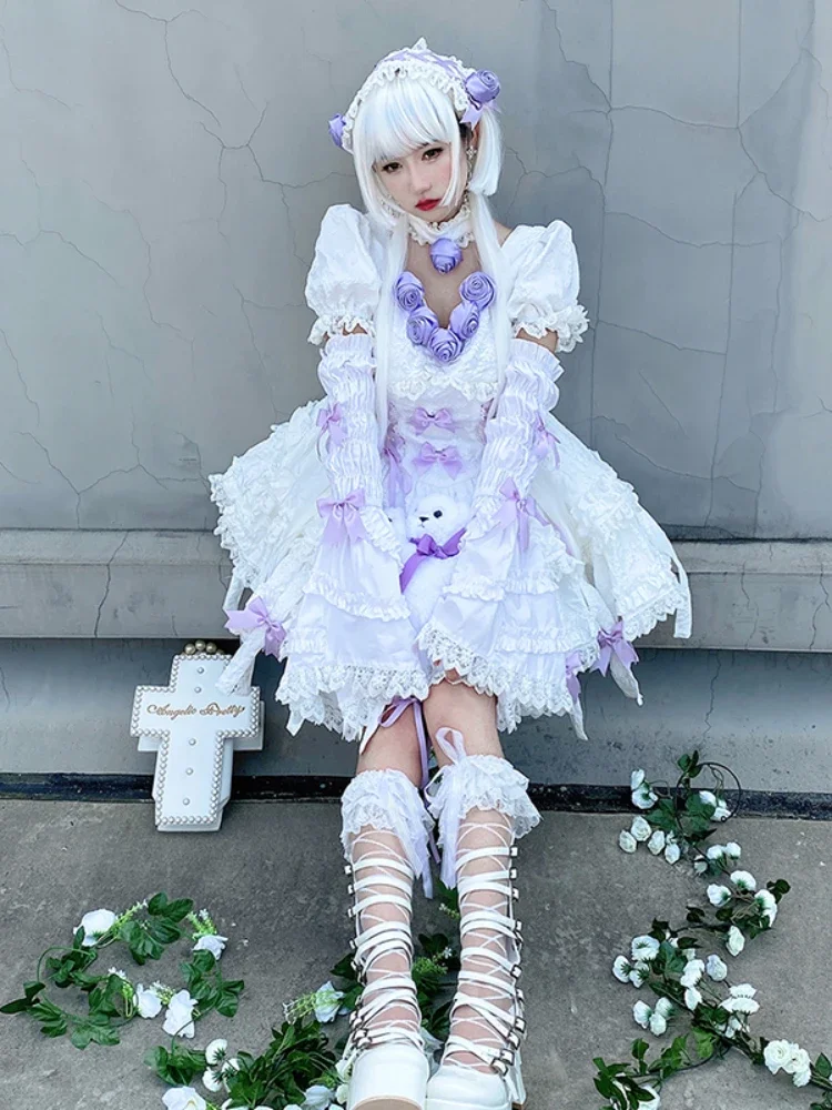 

Vintage Gothic Lolita Dress Women Sweet Rose Bow Slim Bandage Princess Dresses Girly Victorian Style Halloween Party Mini Dress