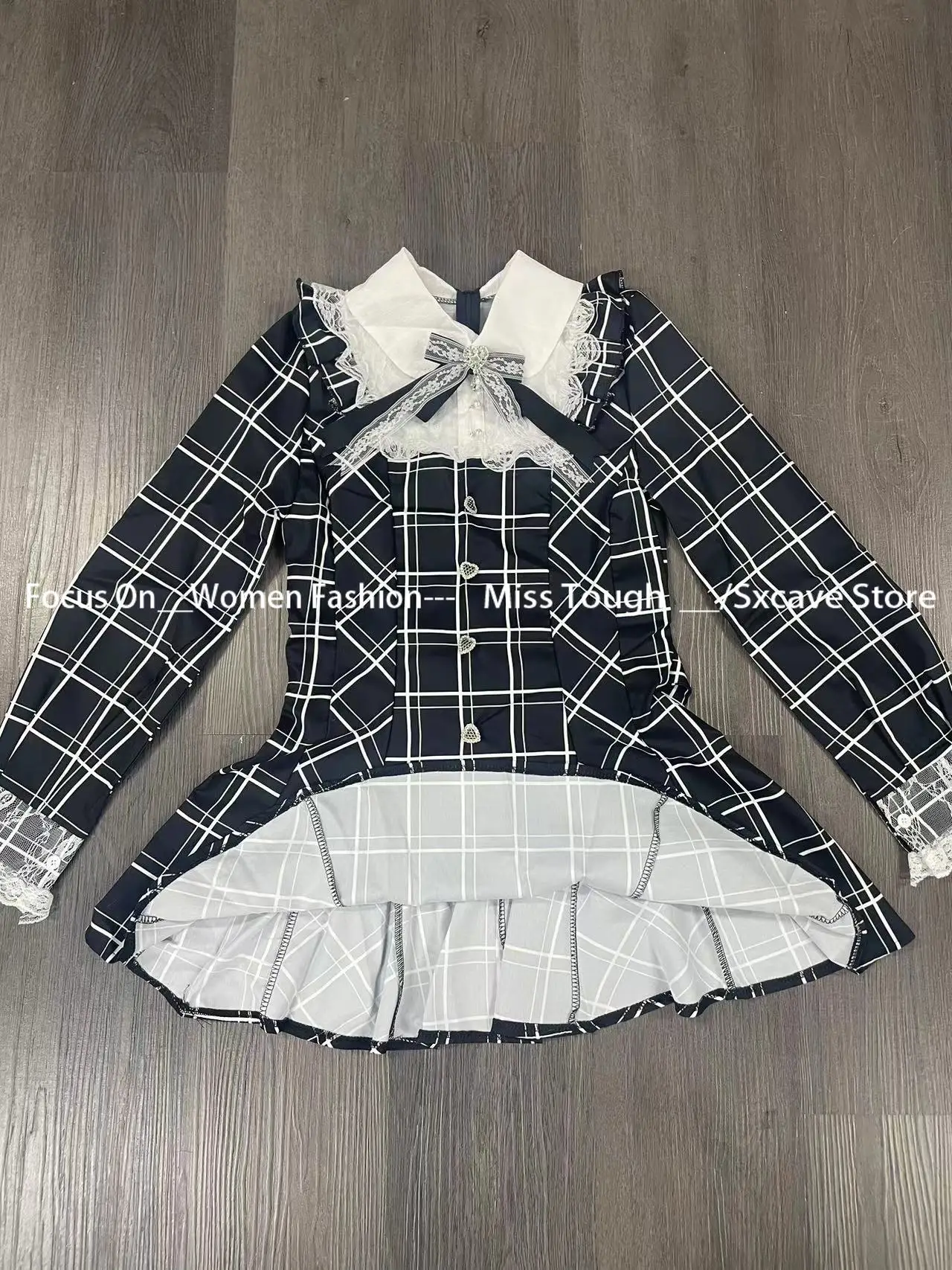 Robe à carreaux noire Harajuku Sweet Bow pour femmes, All-Match, Slim Fit, Kawaii, Lolita, Long Sleeve, Educational, New, Automne