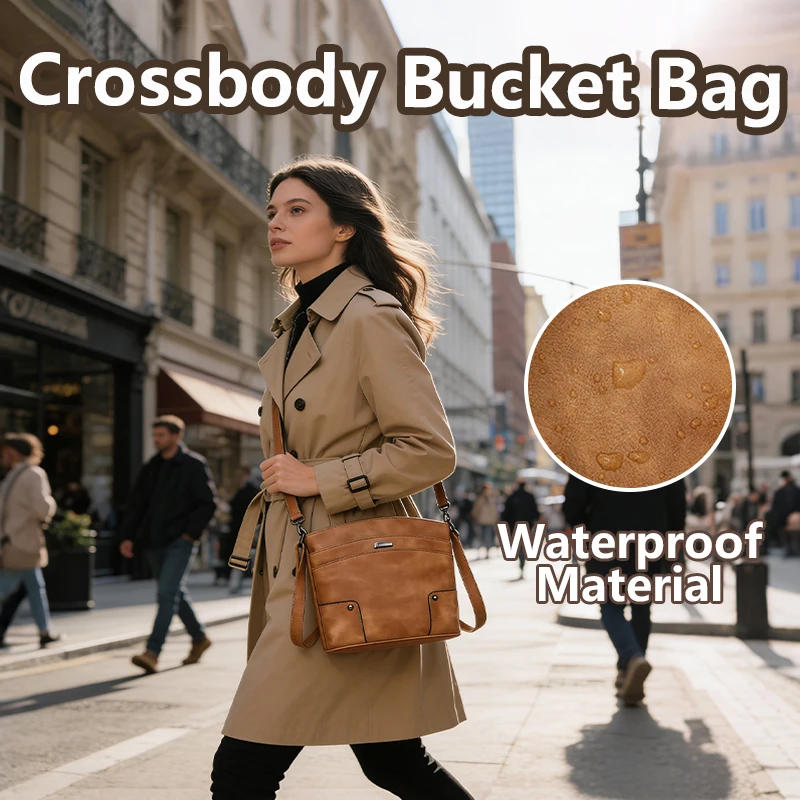 Women's PU waterproof large multi-layer bucket bag, commuter crossbody bag, retro shoulder bag, soft and stylish tote bag