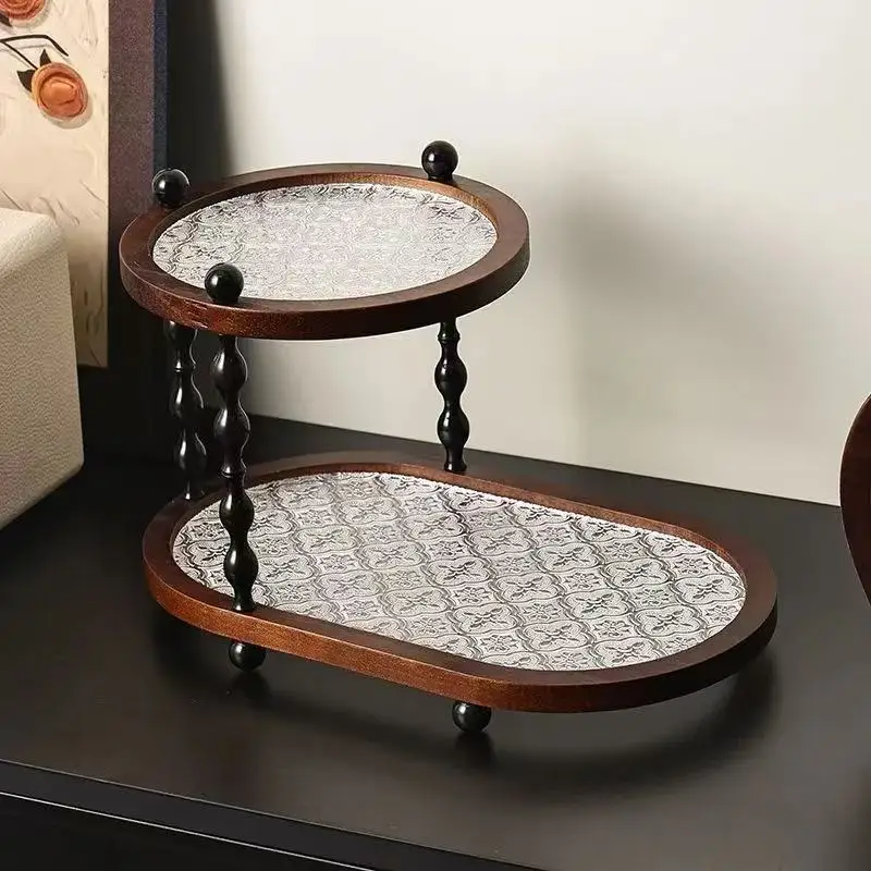 

Japan medieval desktop cup acacia wood shelf high-end light luxury household countertop practical solid wood double layer