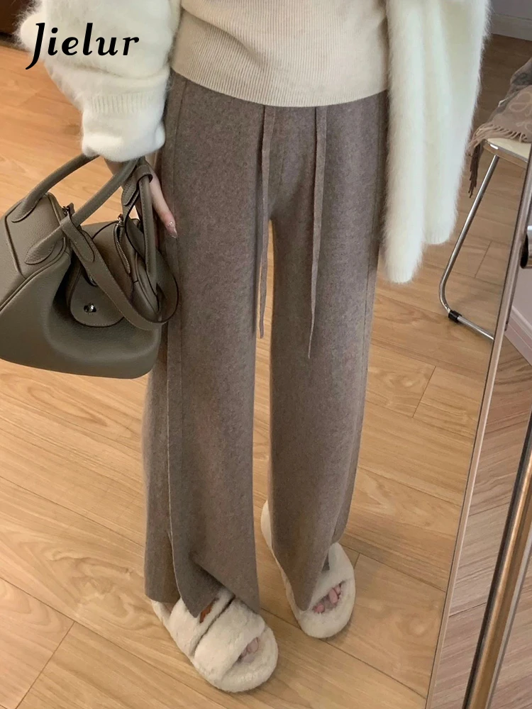 

Jielur Split Lace-up Knitting Loose Women's Pants Simple Fashion Office Ladies Solid Color Casual Basic Female Wide Leg Pants