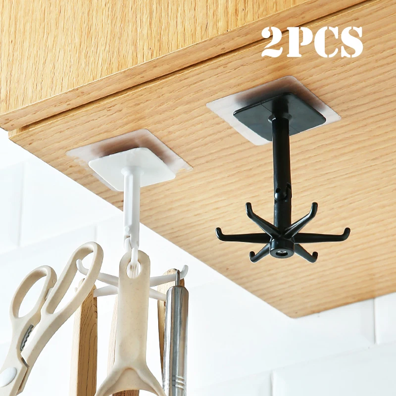 2/1Pcs 360 Degrees Rotated Kitchen Hooks Self Adhesive 6 Hooks Wall Door Hooks Kitchen Utensil Hanging Storage and Organizer