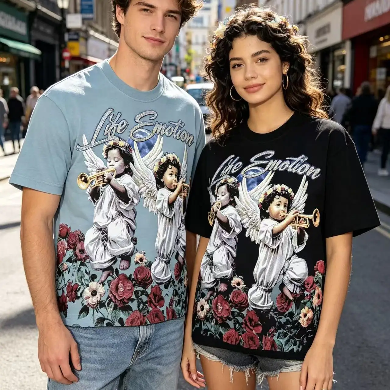 Mixed Emotion American Trendy Brand Angel Print High Street Rhinestone Loose Fit Pure Cotton Short Sleeve T-Shirt Citywalk Ca...