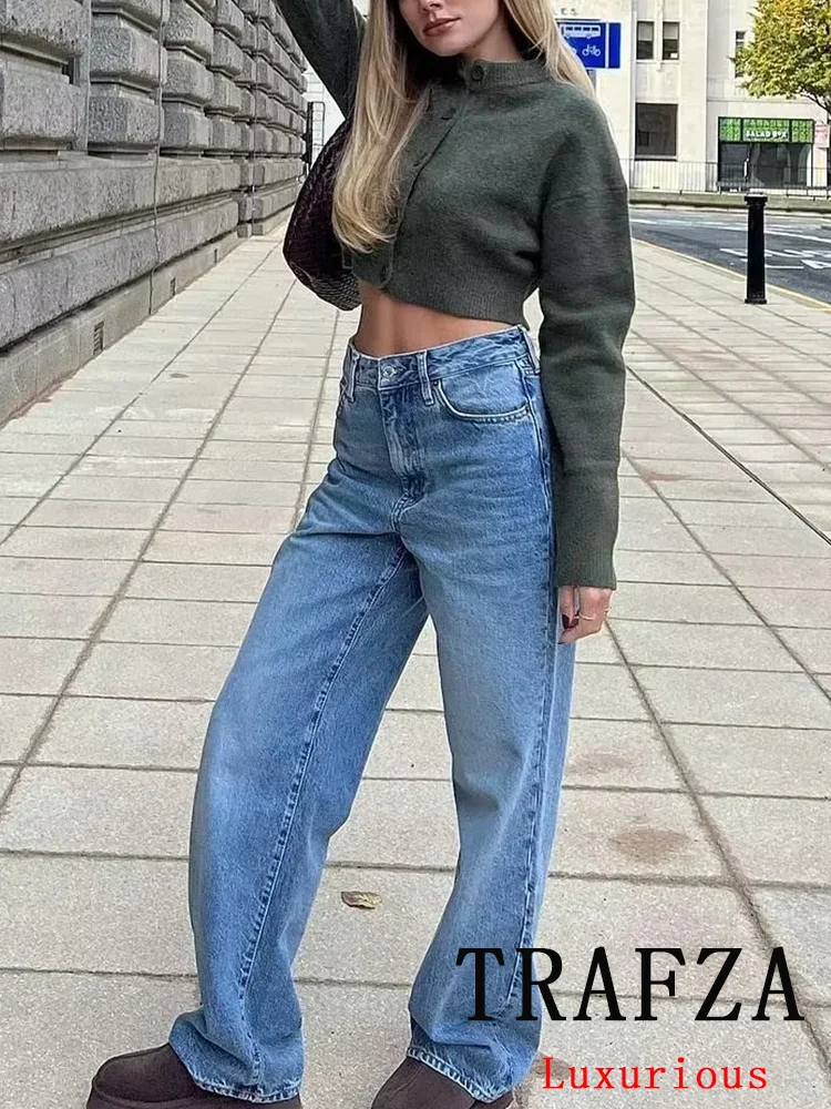 TRAFZA Casual Chic Sweter damski Solid O-Neck Jednorzędowe dzianinowe kardigany z długim rękawem Moda 2024 Swetry jesienno-zimowe