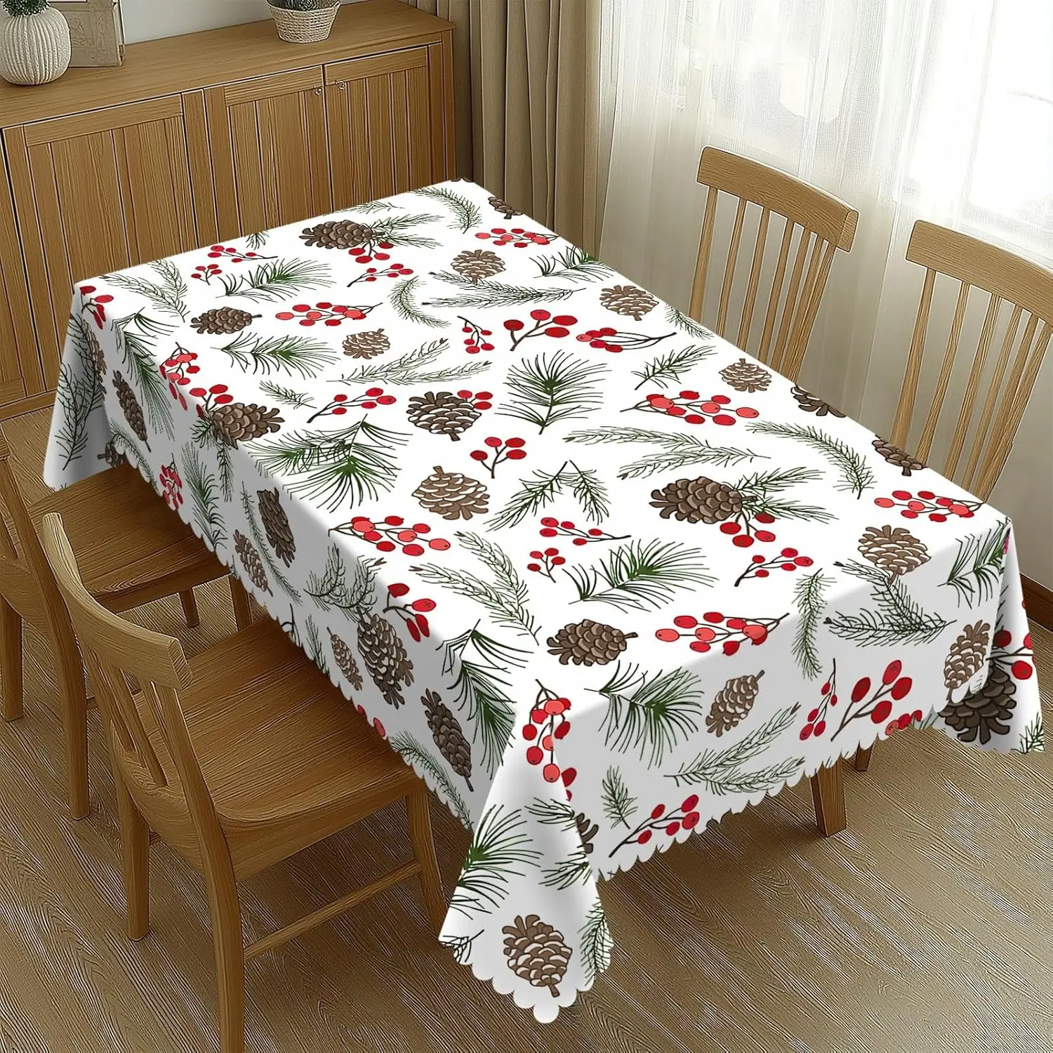 Vintage Christmas Tree Branches Tablecloth, Premium Pine Cone Greenery Table Cover for Festive Holiday Kitchen Dining