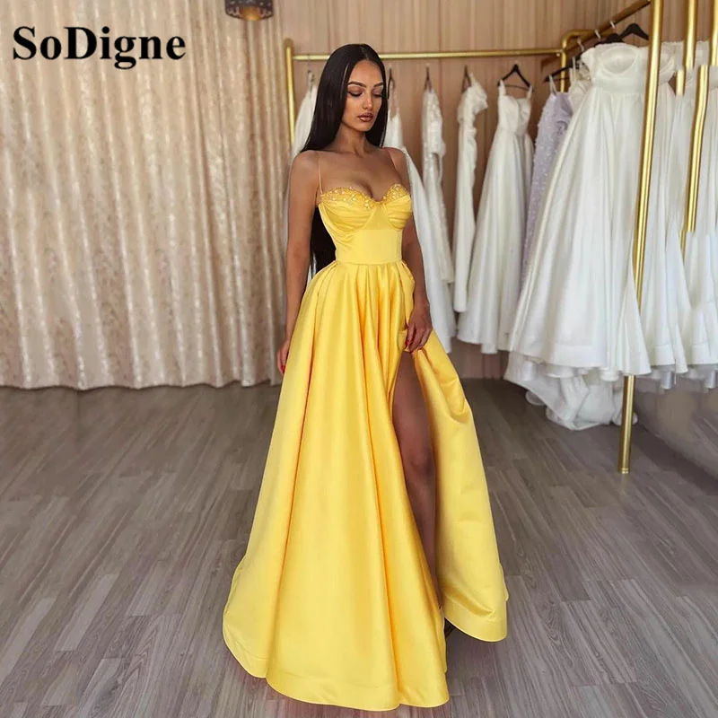 

SoDigne Yellow Modern High Side Split Satin Mermaid Prom Dresses Beading Sequined Dubai Formal Evening Gown