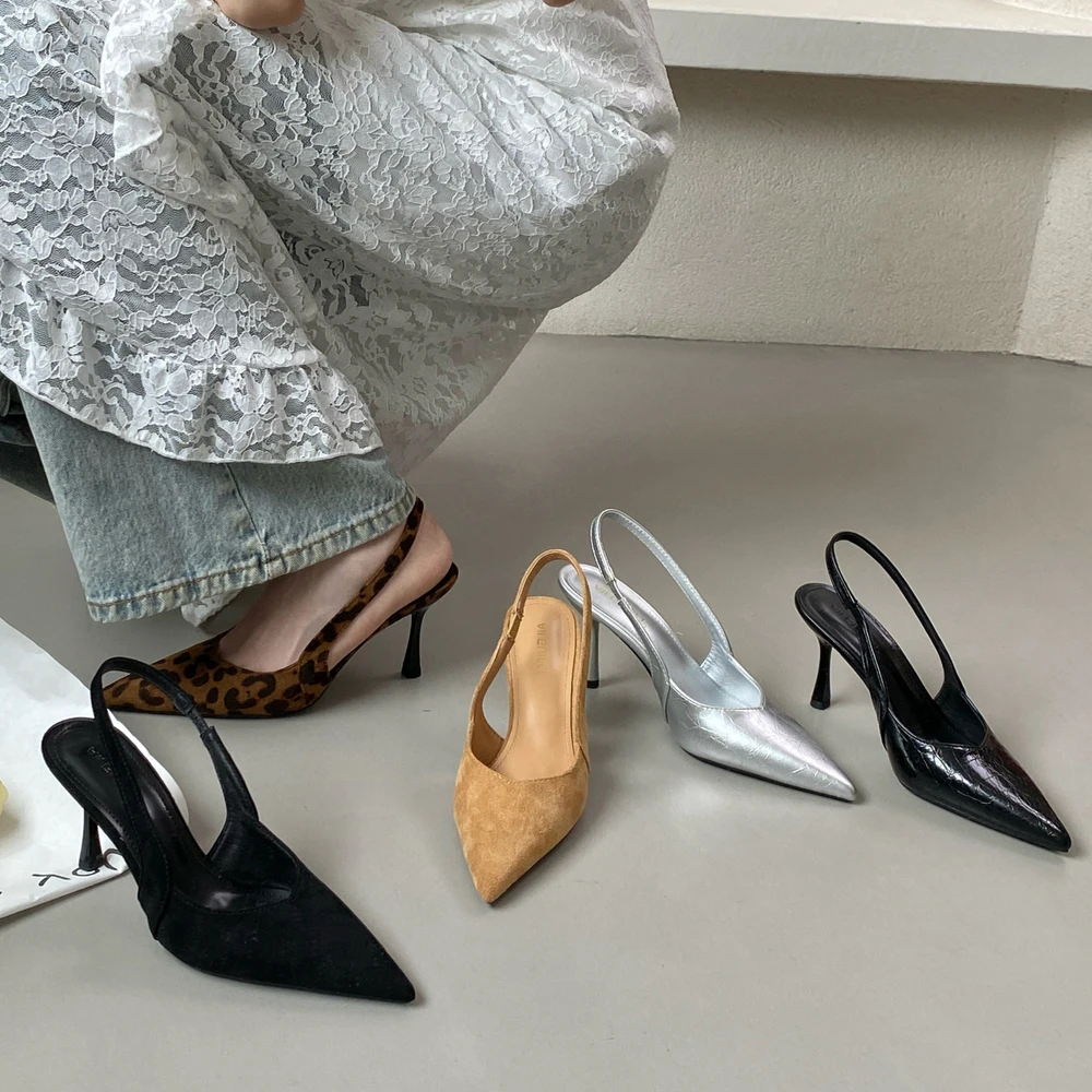 

New Design Women Luxury Velvet Fashion Pointed Closed Toe Ladies 2025 Summer High Heels Shoes Women Slip On Sandals Slingback
