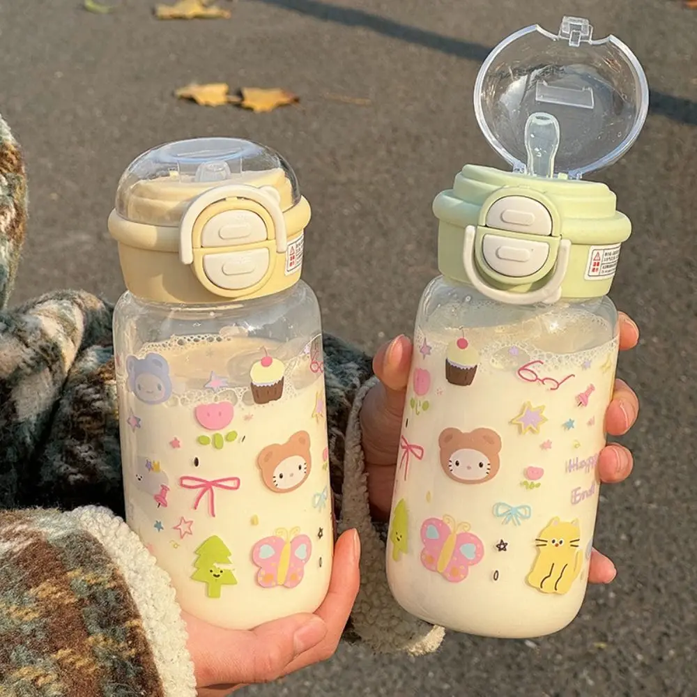 

500ml Transparent Plastic Cup Straw Cup Cat Pattern Graffiti Water Bottles Portable Fall Prevention Drinking Water Bottle Juice