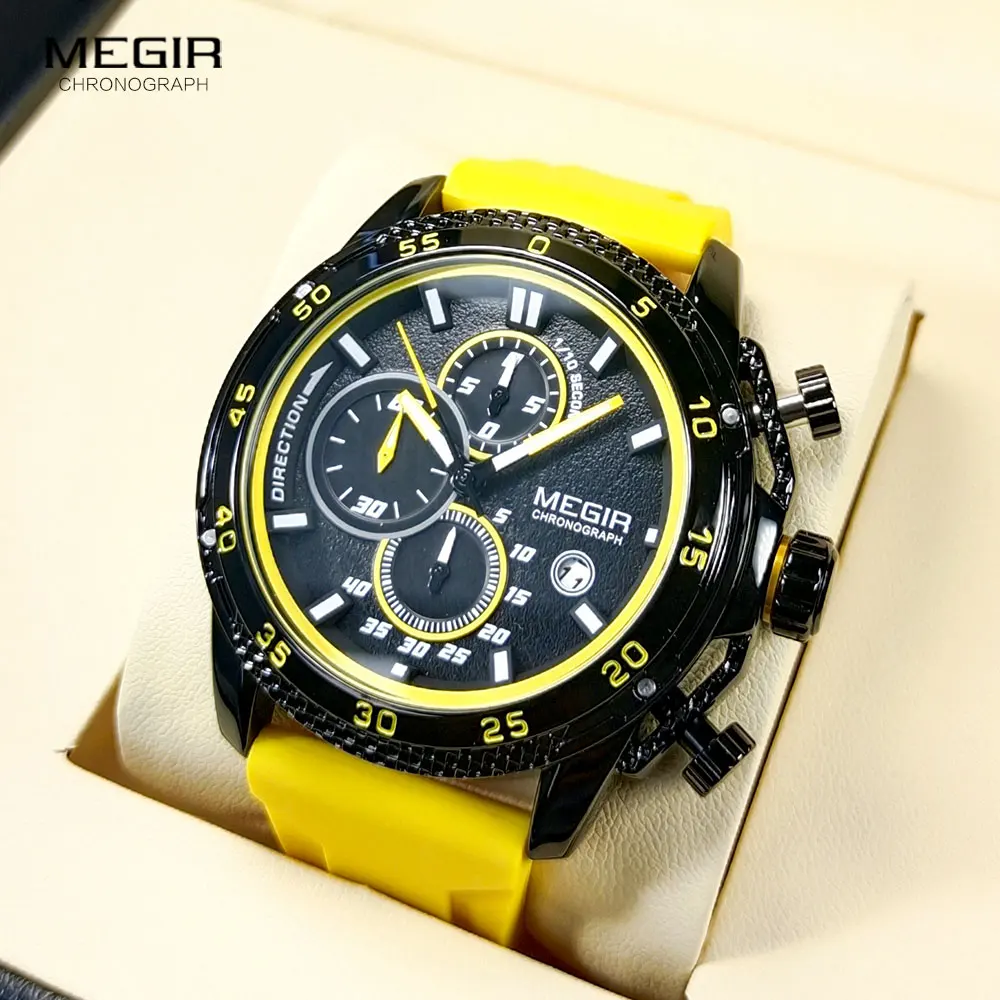 MEGIR Watch for Men Fashion Silicone Strap Chronograph Quartz Wristwatches with Auto Date Luminous Hands 3atm Waterproof 2211