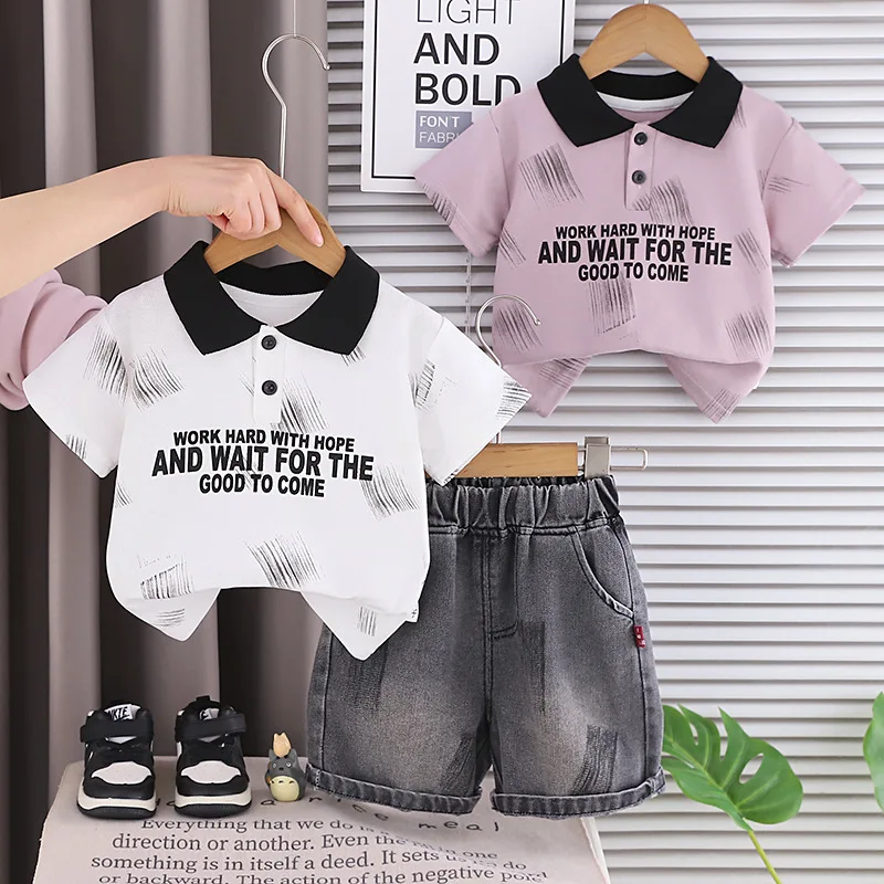 

Детская одежда, летние комплекты одежды для мальчиков, футболка-поло + джинсовые шорты, костюм из 2 предметов, повседневная детская одежда для улицы, 1-5 лет