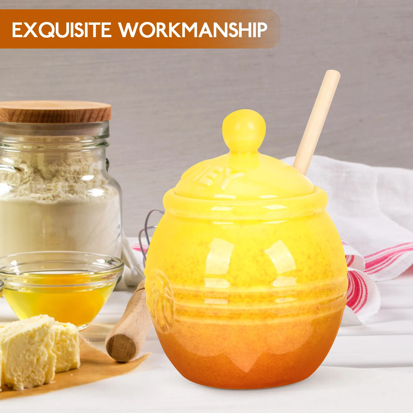 

1Set Ceramic Honey Jar with Stirring Stick Transparent Storage Jar for Honey Syrup Jam Pickle Snacks Grains Household Syrup Pot