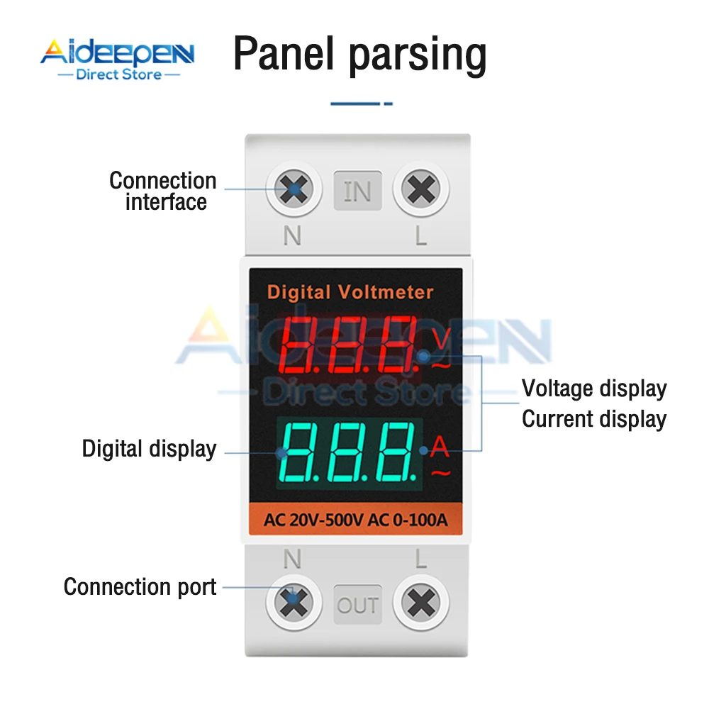 AC 60-500V 0.00-99.9A 35mm Din Rail Voltmeter Ammeter 2 in 1 Multi-function AC Voltmeter Voltage Amps Meter With Transformer