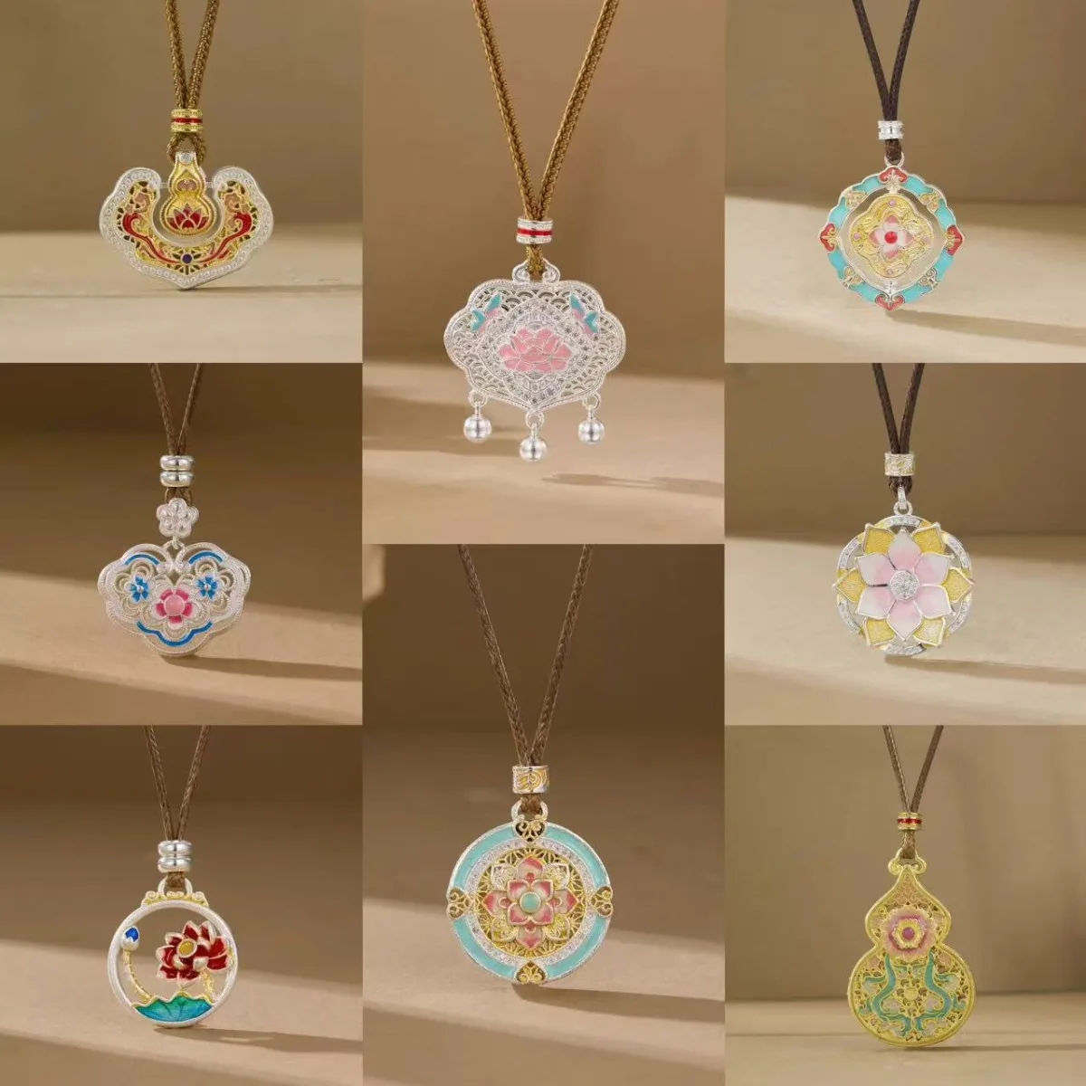 Ethnic Chinese Style Silver Pendant Necklace for Women Men Retro Design Hand-carved Inlaid Gold Enamel Painting Luxury Jewelry