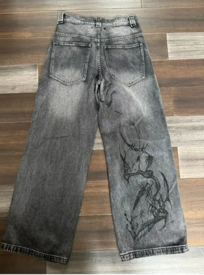 Jeans com estampa retrô Harajuku americana, cinza lavado, calça reta, gótica, solta, unissex, casual, de rua, novo, Y2K, 2024