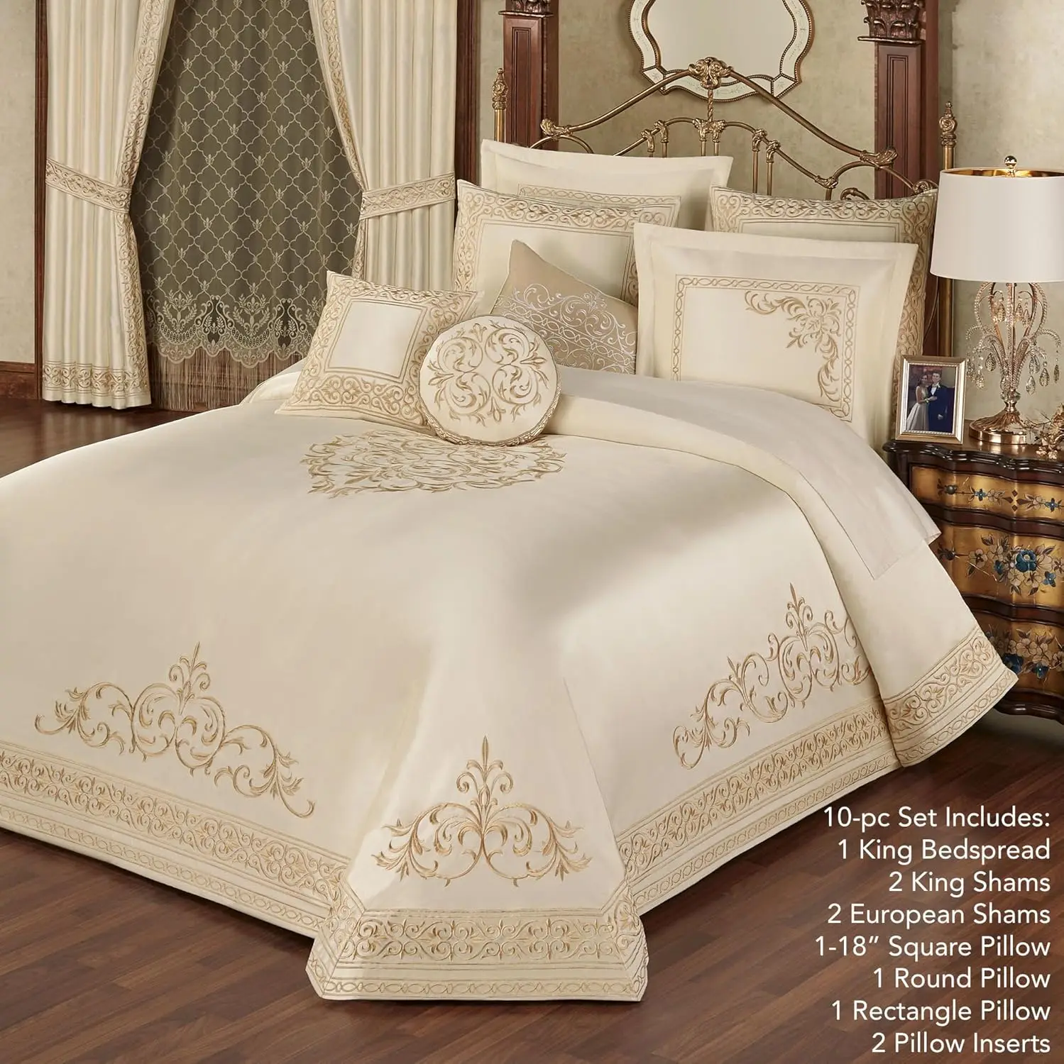 Versailles Luxury Bedding | Classic Pearl | Palace-Inspired French Style Golden Scrollwork Embroidery | 10 Pc Set: King