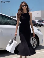 Black Mermaid Midi Dress Women Slim Temper Halter Sleeveless Pure Minimalist Korean Fashion Clothes Vestidos Lady Chic