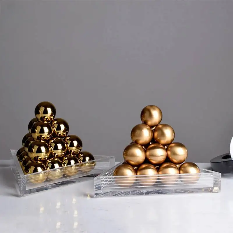 Metal Handicraft Gold Ball Triangle Geometric Triangular Tower Statue Spherical Pyramid Decorative Figurines Home Decoration