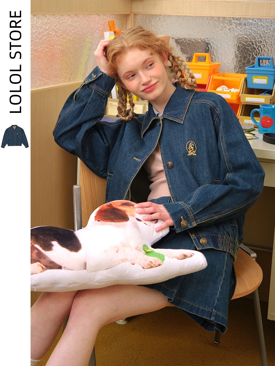 

LOLOL Women's Denim Jaet Spring Autumn Small Size Waed Embroidered Loose Retro Collar College Sle Jaet Top