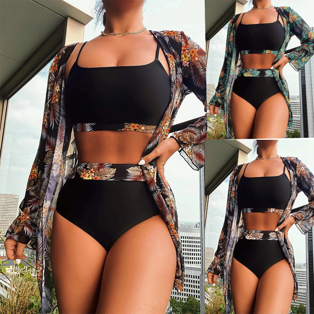 Hot Selling Women Bikini 3 Pieces Suit Black/Green/Red Bikini Sets With Long Sleeved Cover Ups High Quality Size Small-XXLarge