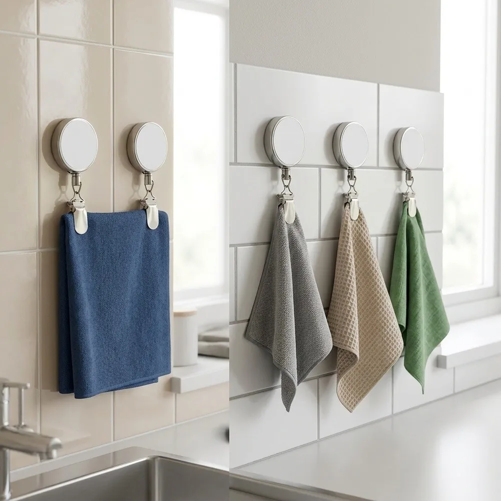 5 Count Retractable Towel Clips Zinc Alloy Body 60CM Extension Capability for Mounting on Non Porous Surfaces Without Tools