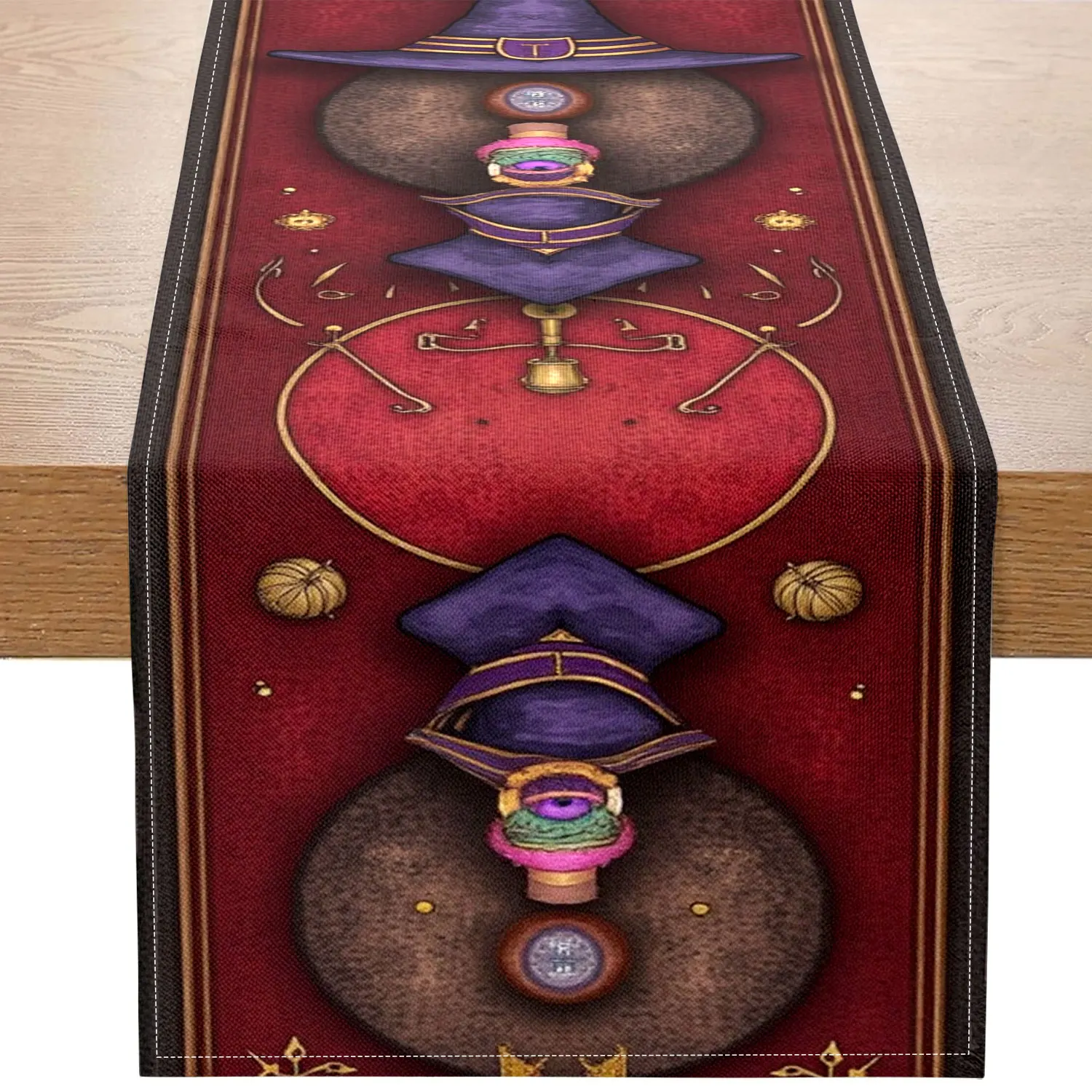 1 Piece of Magic-Themed Table Runner with Patterns of Wizard Hats, Brooms, Etc., Suitable for Fantasy-Themed Parties, Magical-Style Home Decorations, Etc