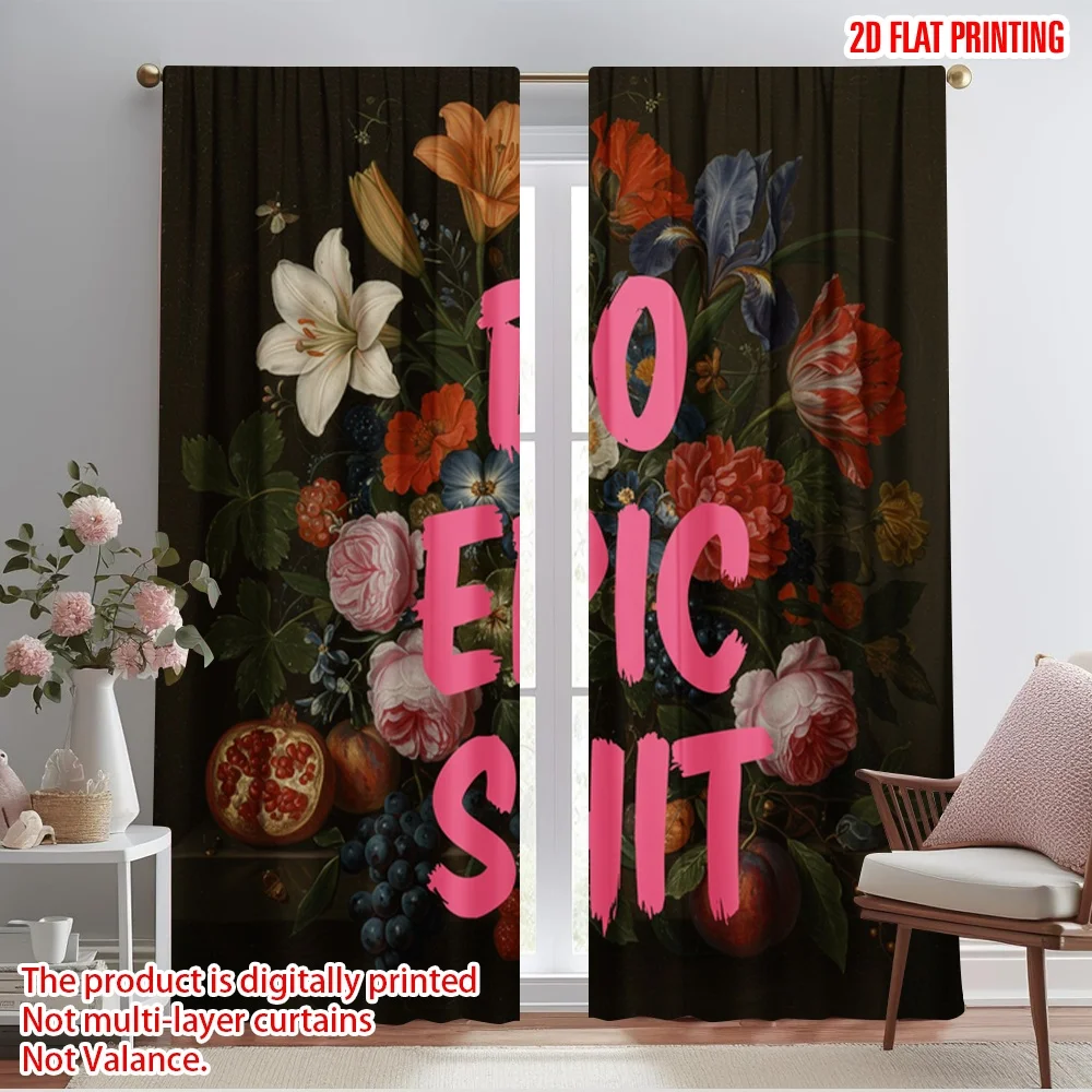 

2pcs 2D flat printing Scene Curtain Floral arrangement, bold calligraphy Polyester Without Electricity Festive Wall Decor for