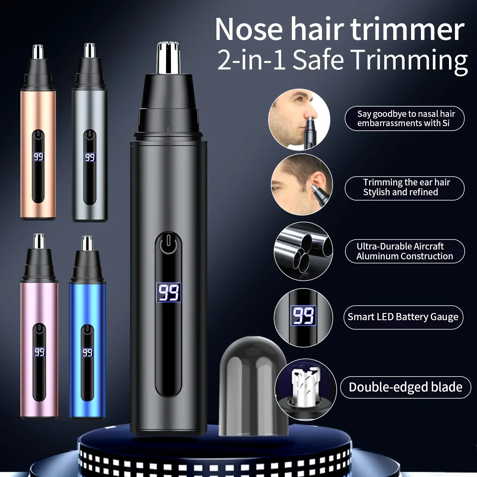 A12 Aluminum Alloy Nose Hair Trimmer, LED Digital Display, Type-C Rechargeable Nose and Ear Hair Trimmer for Men and Women