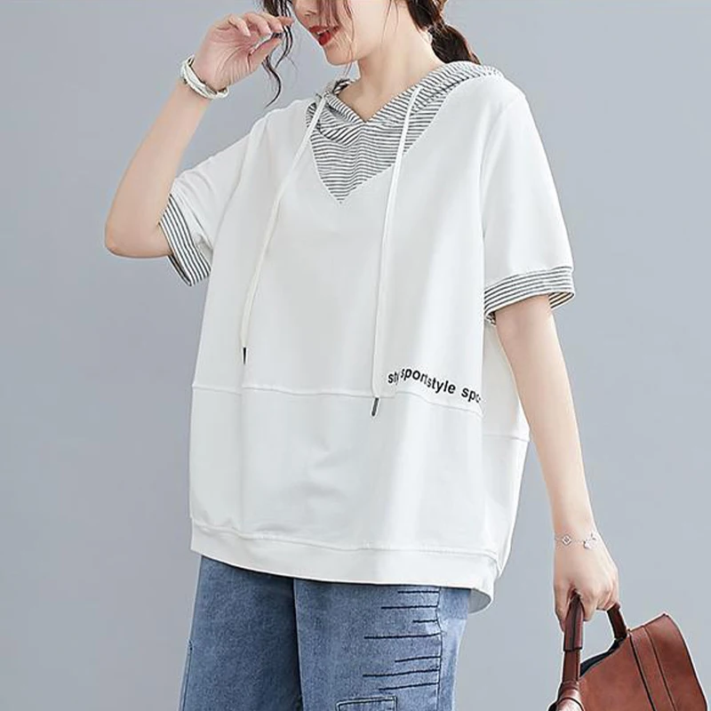 Fake Two-piece Hooded Short Sleeved Women\'s T-shirt Summer New Korean Version Loose Slimming Casual Versatile Top for Women