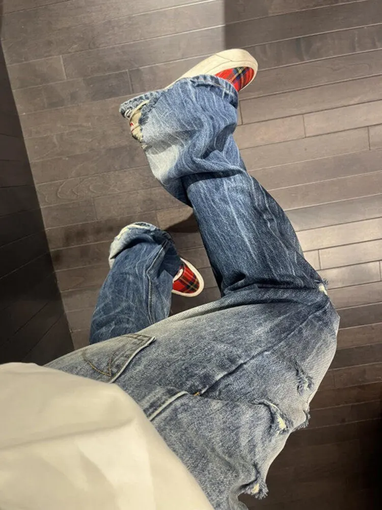 Cleanfit Men's Washed Lightning Pattern Jeans Loose Fit Hole Detail Straight Leg Micro Flared Pants Casual Youthful Style