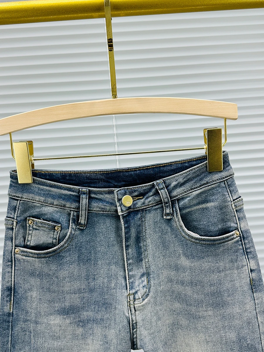 Imagem -02 - Jeans de Strass Reto para Mulheres Calças de Cintura Alta Slim-fit Tubo de Fumaça Calças Cortadas Bordado Vintage Novo Primavera e Verão 2024