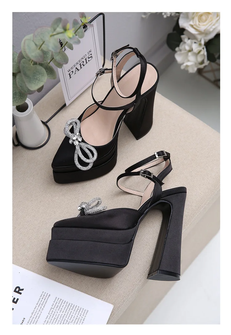 AIYKAZYSDL Point Toe Crystal Rhinestone Bow Knot Butterfly-knot Pumps Ankle Strap Platform Block Chunky High Heel Shoes Sandals