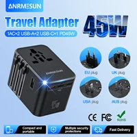 Adaptador de viaje universal con 4 salidas de CA 2 puertos USB 3 tipo C PD 45W carga de energía rápida todo en uno en la internacional de enchufe UE EE. UU. AUS