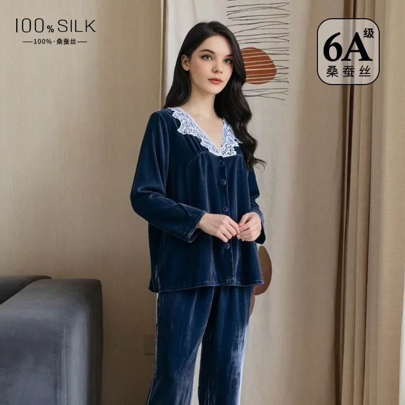 Elegant French Style Mulberry Silk Pajama Set Women Winter Velvet Long Sleeve Shirt & Pants Pajamas Loungewear Outdoor Homewear