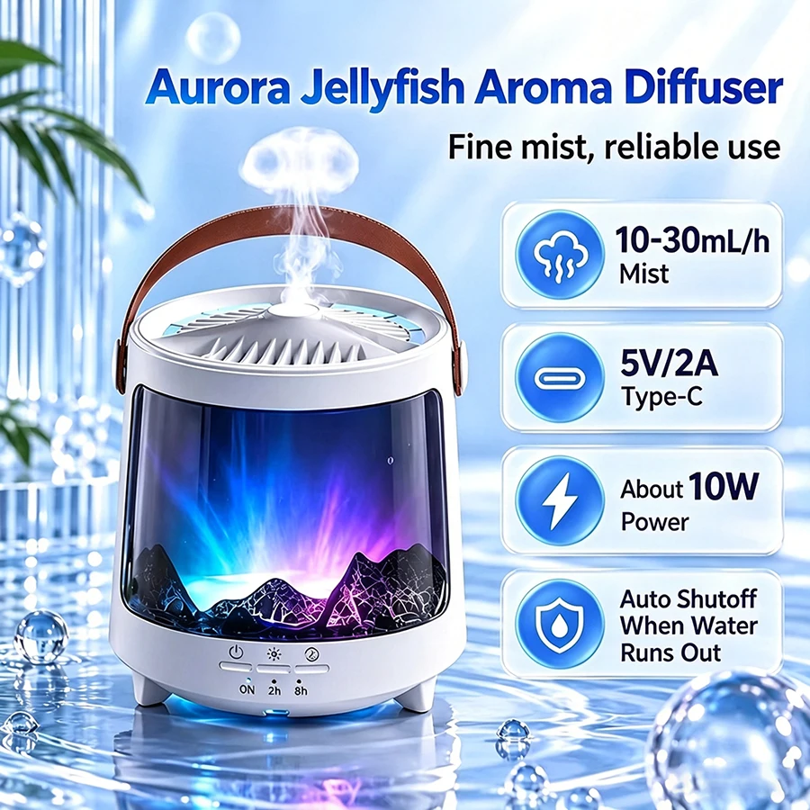 300ml Aurora Jellyfish Humidifier, 7 Color LED, Dual Mist, 2H/8H Timer, Essential Oil Diffuser, Warm Light, Christmas Decor Gift