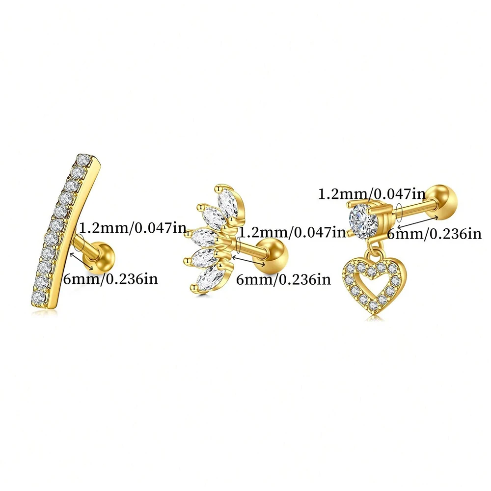 1pc 16GStainless Steel Golden Ear Bone Stud Earrings Tragus Spot Drill Hollow Love Butterfly Flower Moon Shape  Multiple Styles