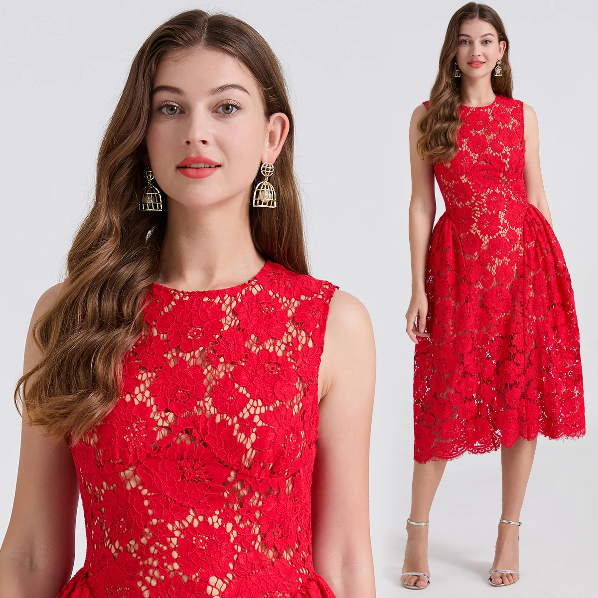 

2025 Runway Design Elegant Hollow Out Flower Crochet Lace Party Dresses For Women Sleeveless Ruched Slim A Line Dresses