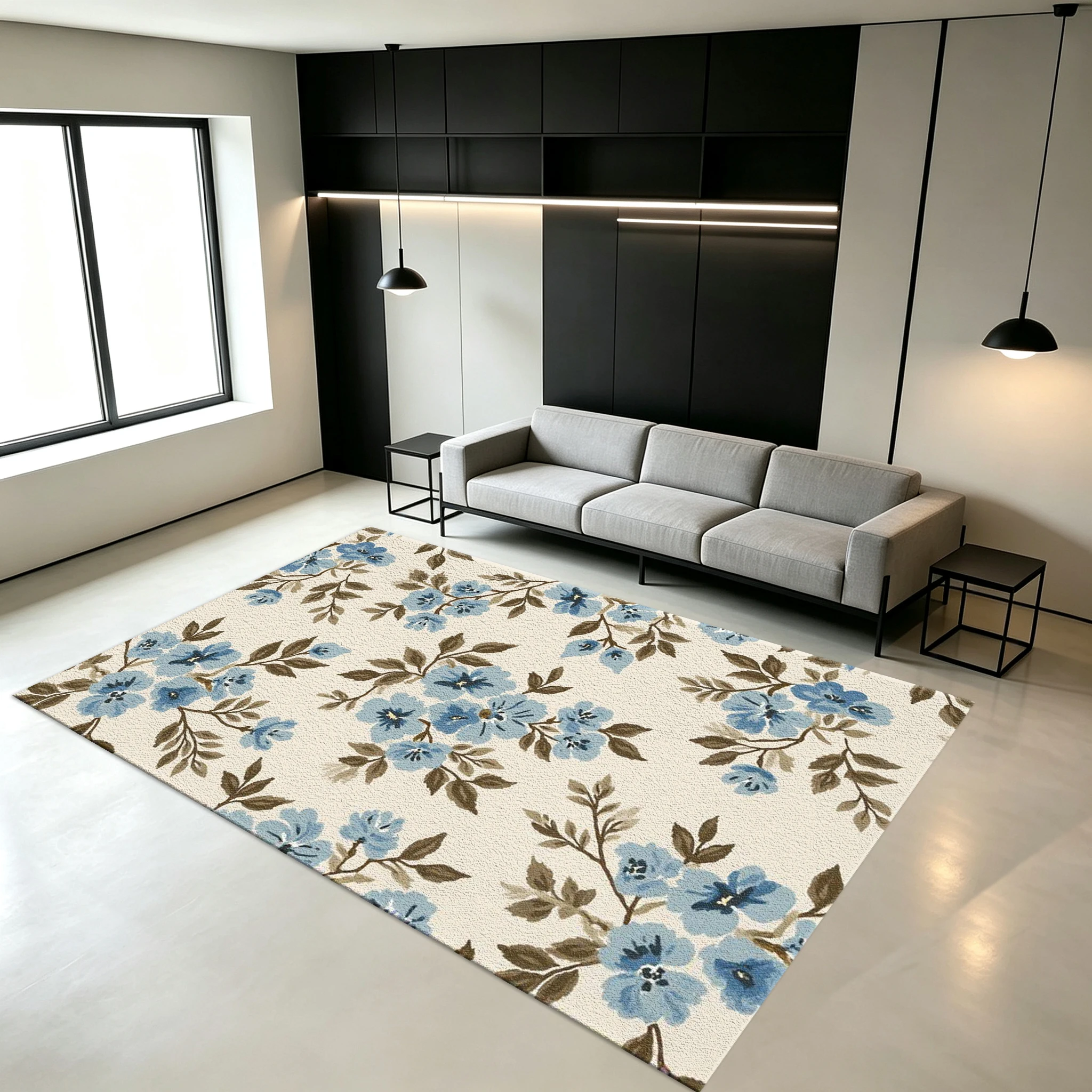 Vintage Blue Branches and Leaves Floral Carpet Farmhouse Style Home Carpet Decorative Floor Mat for Bedroom Living Room Home Decor
