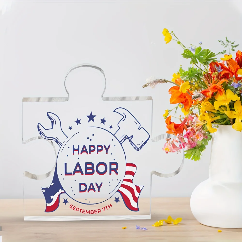 Acrylic Puzzle Piece Desk Decor, Happy Labor Day Print, Patriotic Theme, No Electricity Needed, Feather-Free, Universal Gift for