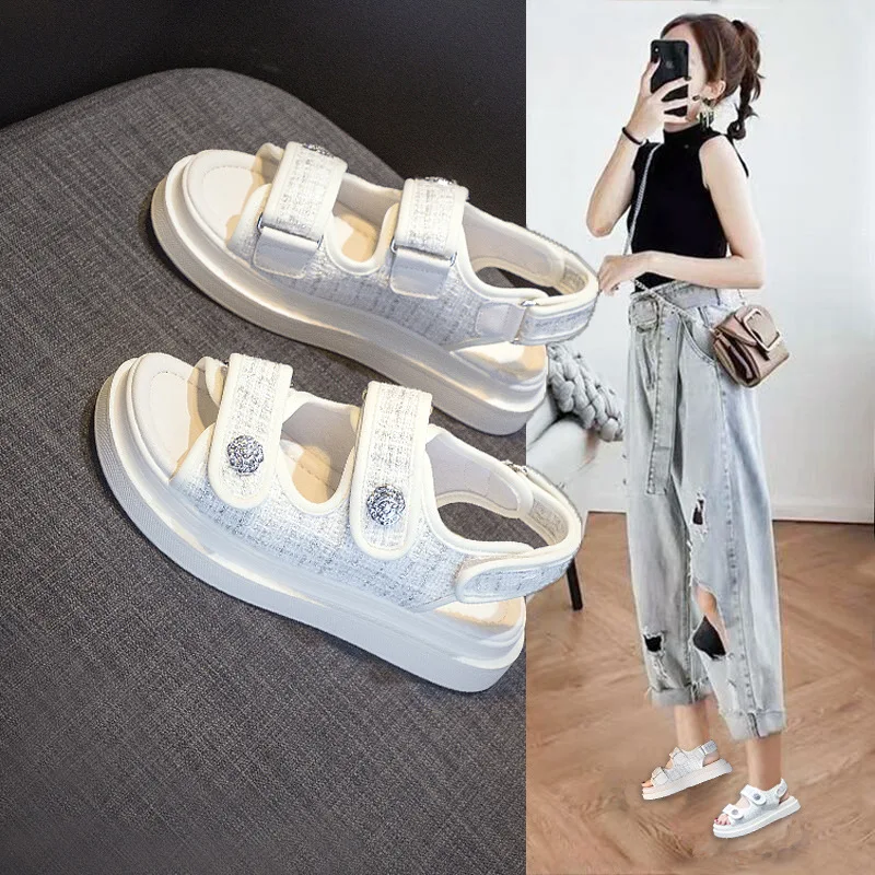 2024 Summer Sports Women\'s Sandals Shoes All-Match Outside Low Multicolored Girls Flat Fashion New Comfort PU Basic Hook & Loop
