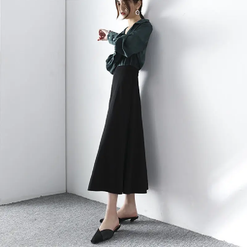 

Черные юбки до середины икры, женские складки трапециевидной формы с высокой талией, офисные женские нежные новые поступления, модные корейские повседневные универсальные юбка Женская