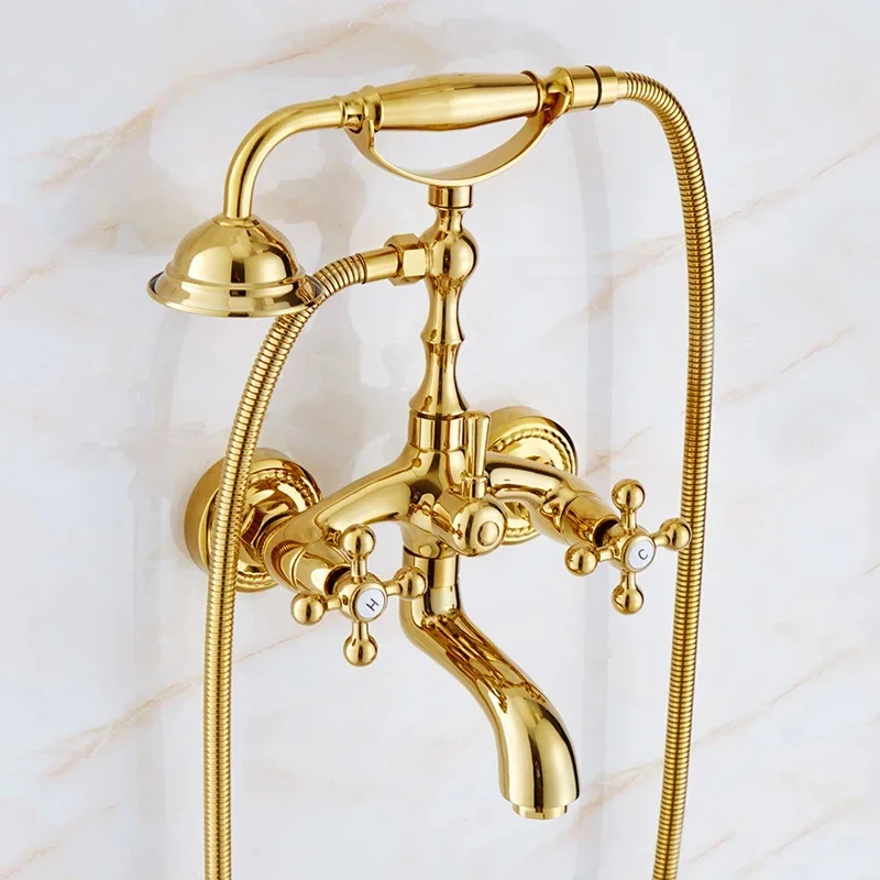 Antique Brass Bathtub Shower Faucet, Porcelain Deco, Dual Handles, Mixer Deck Mount with Adjustable Angle Showerhead